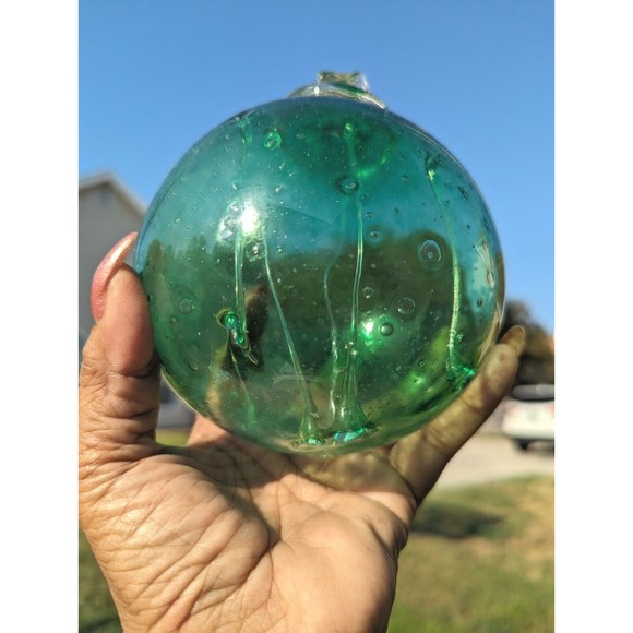 Kitras Witch Ball Art Glass Green HandBlown  6-7"Spheres Influence Divine Spirit - Picture 3 of 6